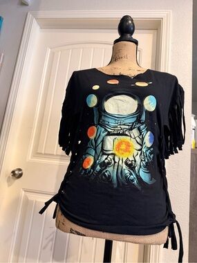 Women’s Black Fringe Sleeve Astronaut Graphic Top